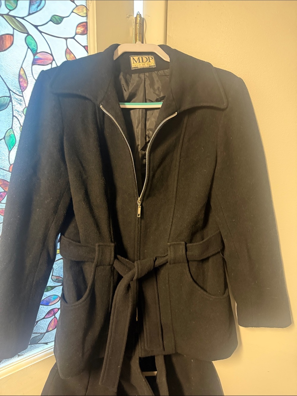 MDP MARIO DE PINTO Black Wool-Blend Belted Pea Coat